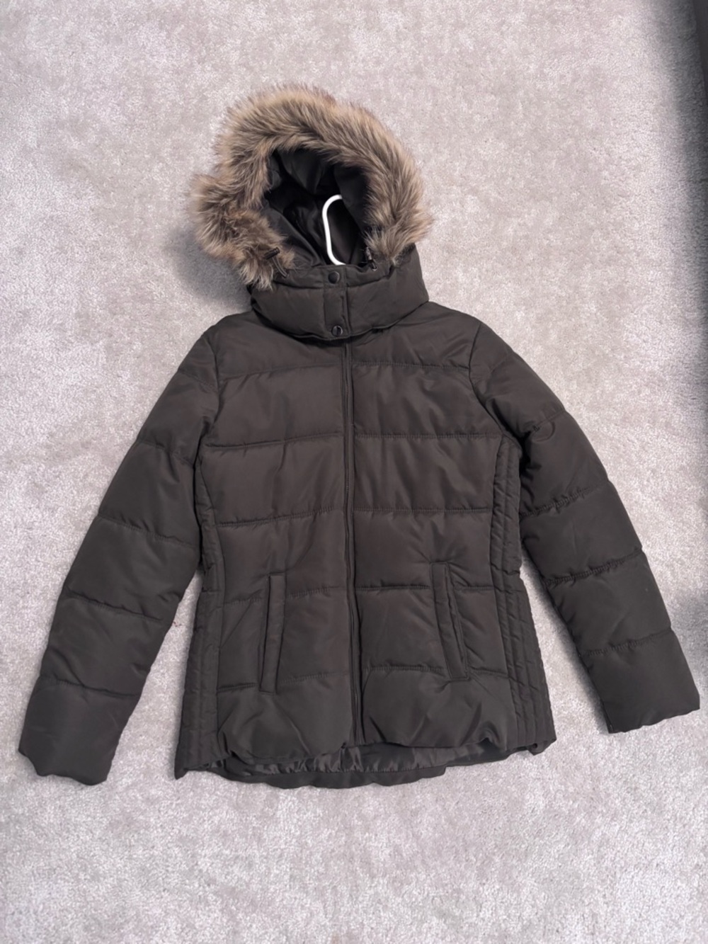 Women's Old Navy Olive Green Quilted Puffer Jacket with Removable Fur Hood